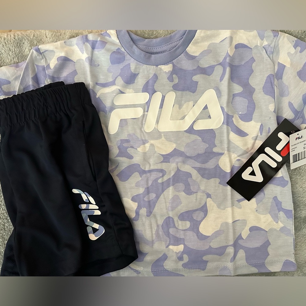 FILA Matching Set Girls Size‎ 5/6 Tee and Shorts Set Purple And White NWT